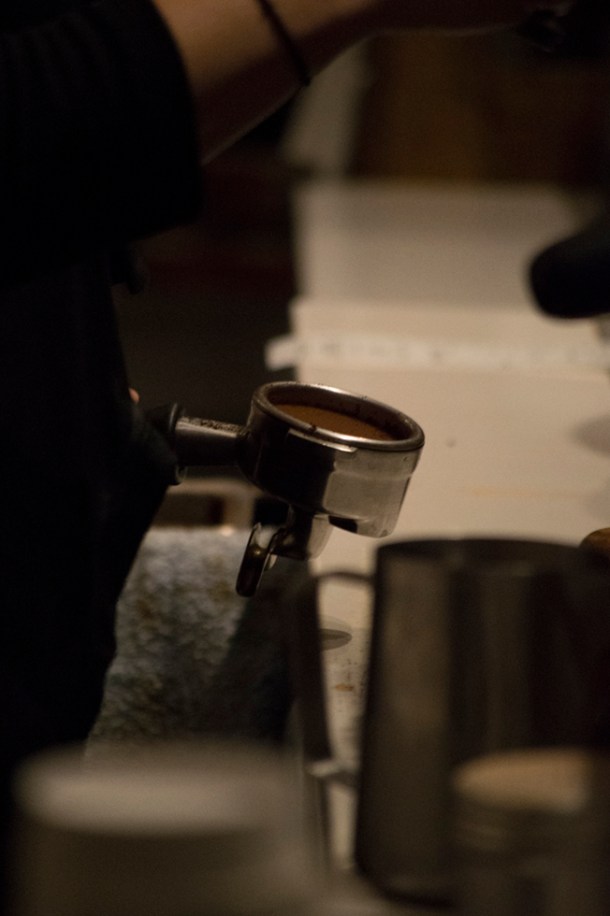 The barista’s portafilter, where all espresso drinks begin. Photo M.Hershenow. 2014