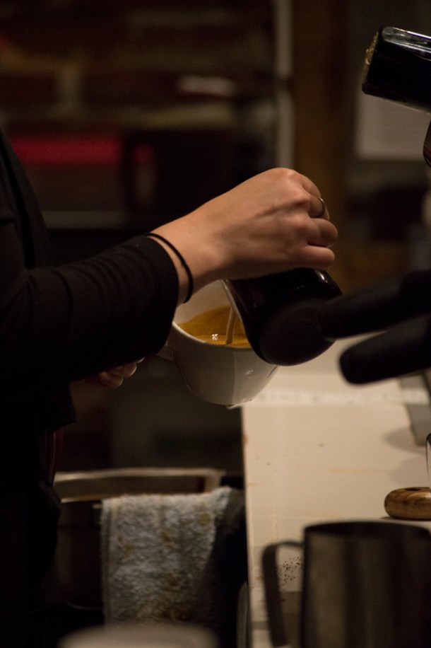 The pour. It is during this step that a skilled barista creates a the latte art which has become iconic to specialty coffee. Photo M.Hershenow. 2014.