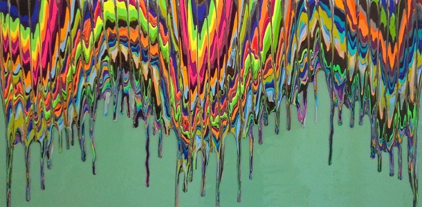 Kinetic e- XXIII 20" x 40" x 1.5" Acrylic and epoxy resin on canvas Painted live during Art Basel Miami Beach at the Riviera Hotel.  Layered the background color with house paint then added a resin layer.  Once the resin cured poured the different colors of paint then tilted the painting allowing the kinetic energy to take place.