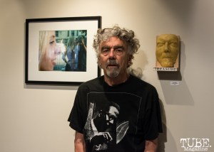 Doug Biggert between his piece, “Melissa Arendt” and the by piece made of him. Photo: Sarah Elliott.