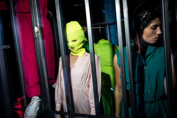 Pussy Riot rehearses ahead of the show they will be performing at Banksy's Dismaland on the 25th of September. Photo: Vianney Le Caer for the Pussy Riot