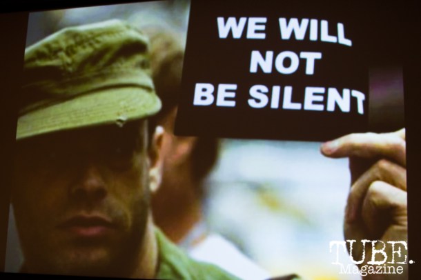 A photo from Sarah Wellinton's presentation on Art Beyond Fear: Art and Activism at The Crocker Art Museum. It is from her language project called "WE WILL NOT BE SILENT." Sacramento, Ca. November 2015. Photo Alejandro Montaño