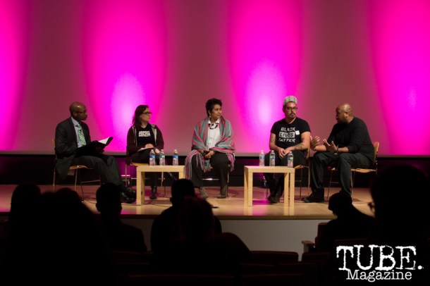 Panal discussion and audience Q&A with the artists, led by Ranon Maddox (far left) at the Art Beyond Fear: Art and Activism program at The Crocker Art Museum in Sacramento, Ca. November 2015. Photo Alejandro Montaño.